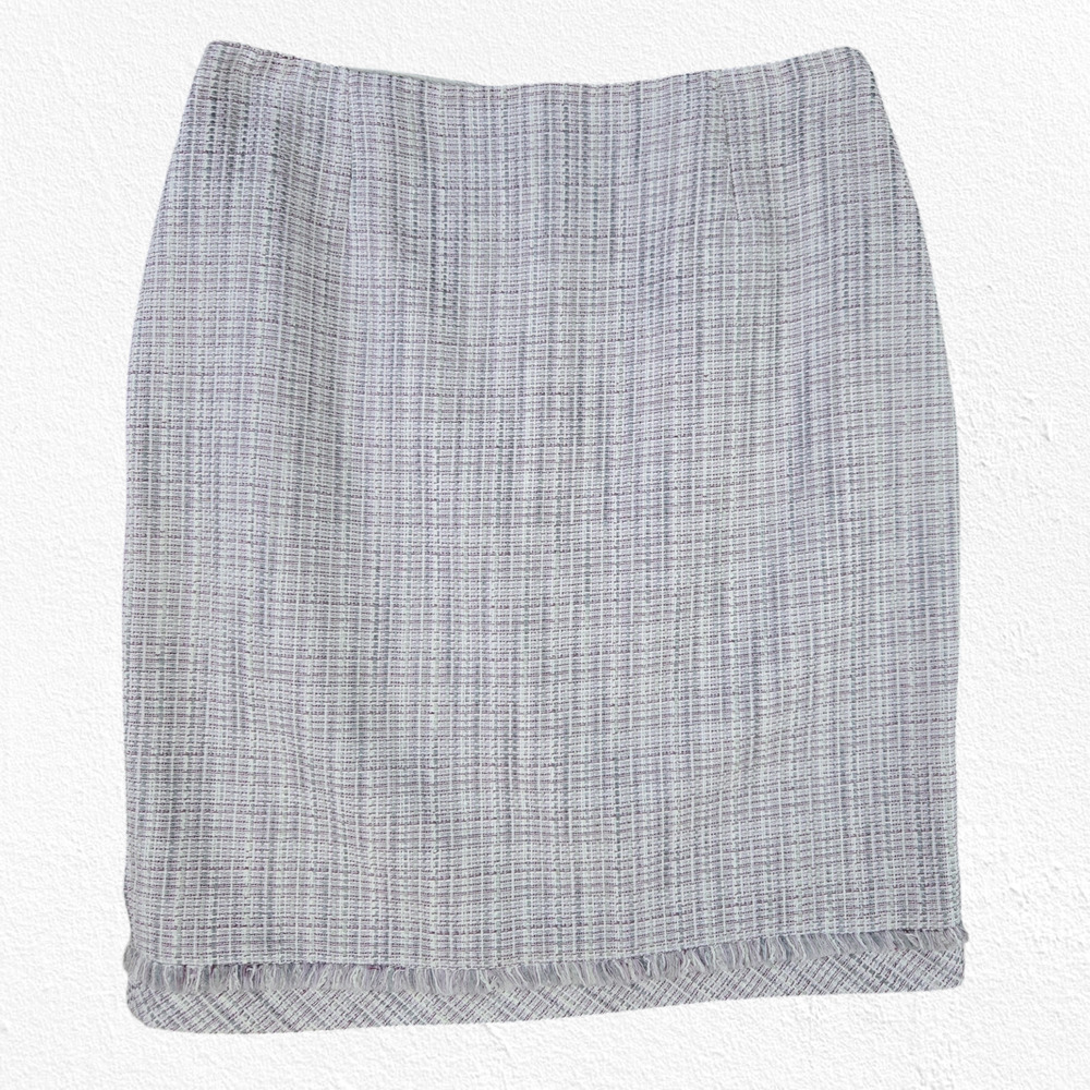 WHBM Purple White Tweed Fray Fringe Pencil Straight Knee Length Skirt Size 8 - Picture 2 of 10